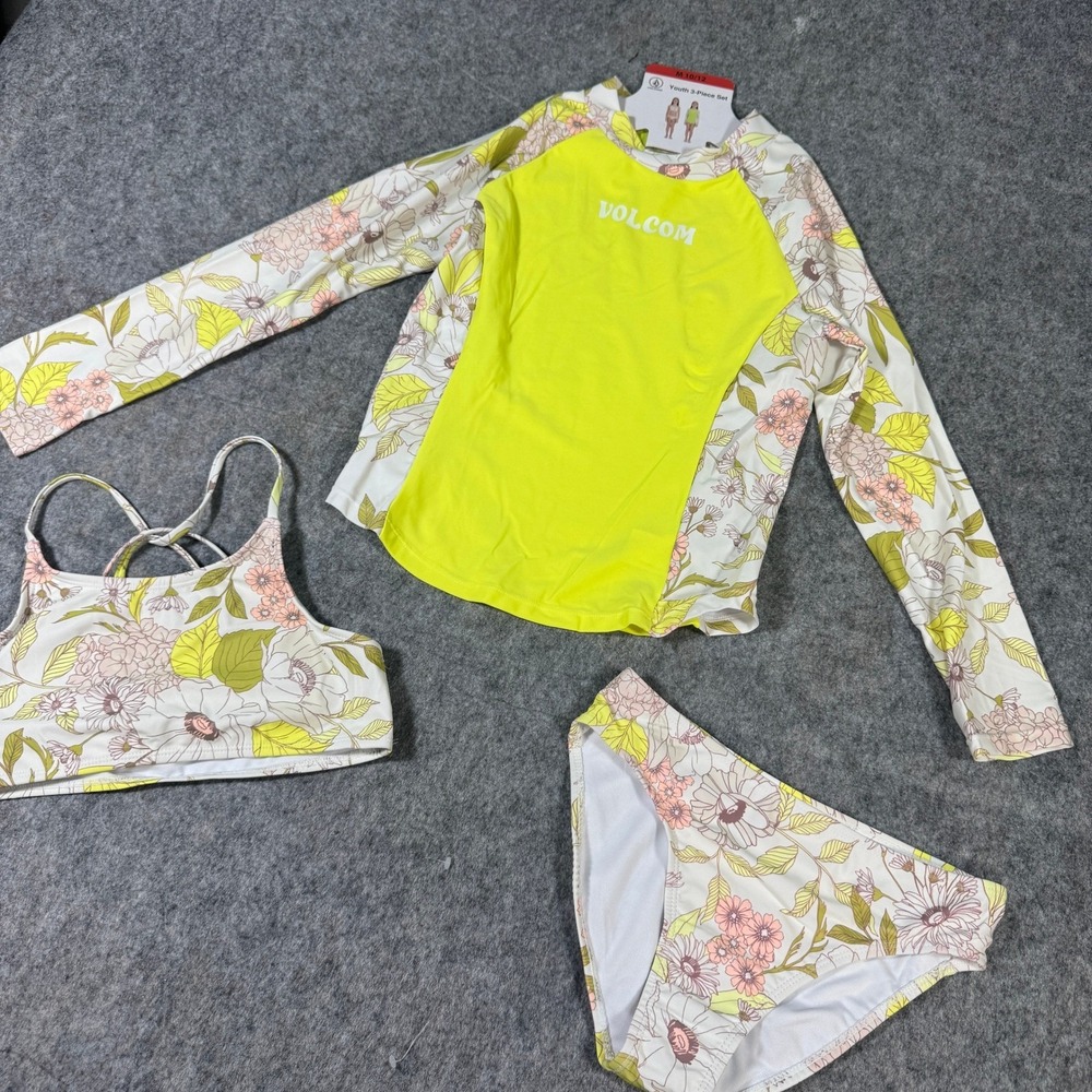 Volcom Youth Girls 3 Piece Swimsuit Set Rash Guard Bikini Floral Yellow M 10/12